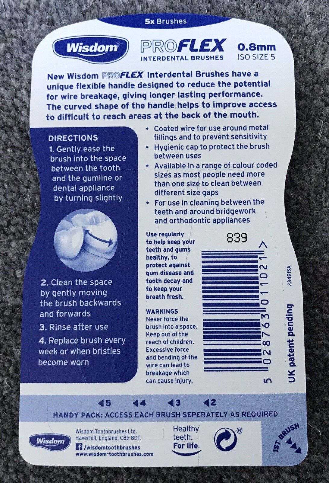 WISDOM PROFLEX SIZE 5 0.8mm Green Interdental Brushes 5 Per Pack X 2 Packs