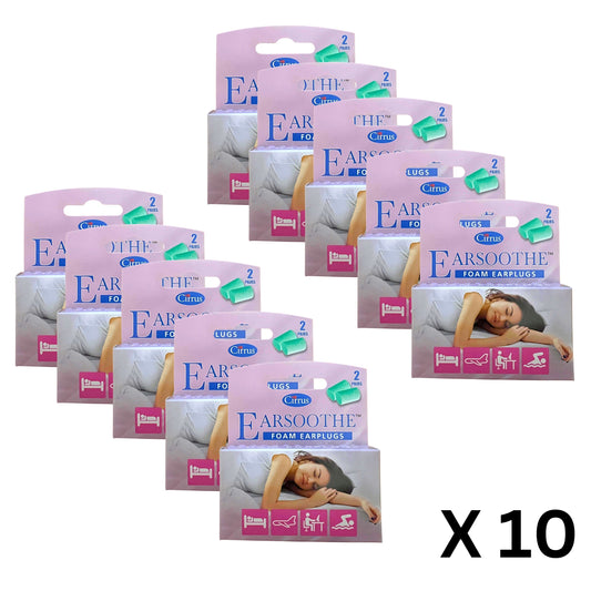Earsoothe Foam Earplugs 10 packs of 2 pairs and carry case (20 pairs in total)