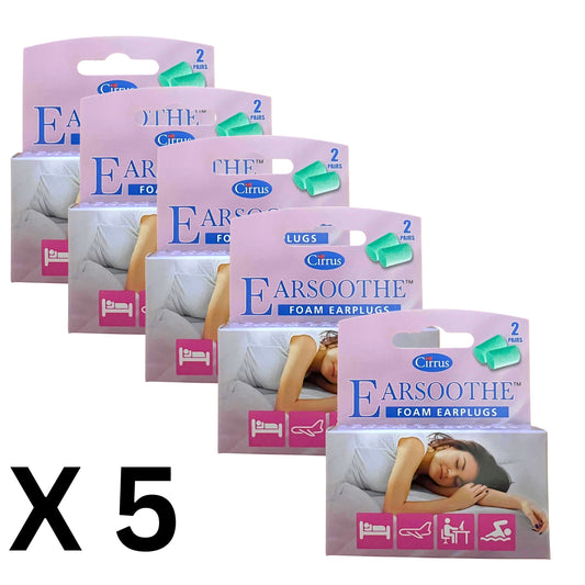Earsoothe Foam Earplugs 5 packs of 2 pairs and carry case (10 pairs in total)