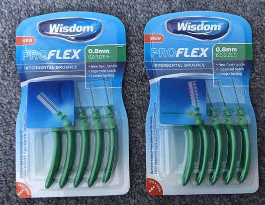 WISDOM PROFLEX SIZE 5 0.8mm Green Interdental Brushes 5 Per Pack X 2 Packs