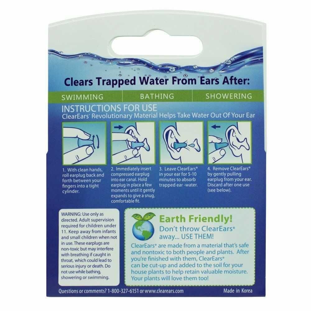 Clear Ears Water Absorbing Earplugs 5 Pairs, for Swimming, Bathing or Showering