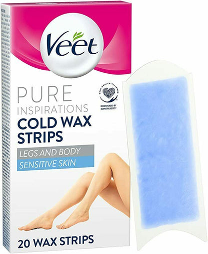 Veet Cold Wax Strips Legs, Sensitive Pure, 20