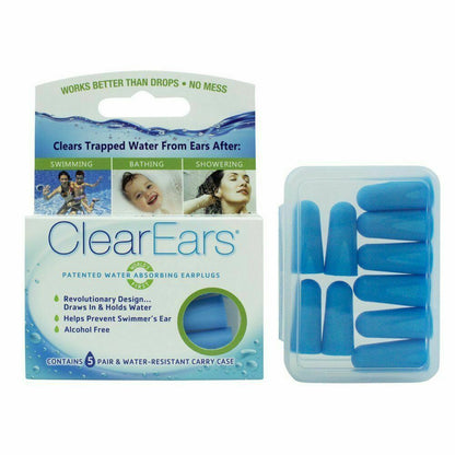 Clear Ears Water Absorbing Earplugs 5 Pairs, for Swimming, Bathing or Showering
