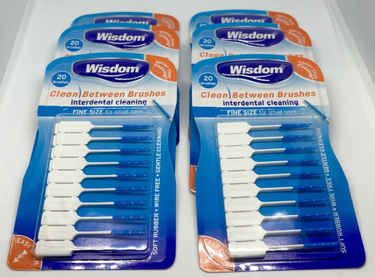 6 x Wisdom BLUE FINE Clean Between Rubber 20 Interdental Plaque Brushes