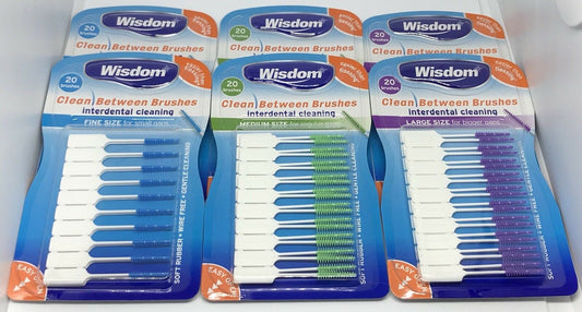 6 Packs of LARGE, MEDIUM & FINE Wisdom Clean Between 20 Interdental Brushes
